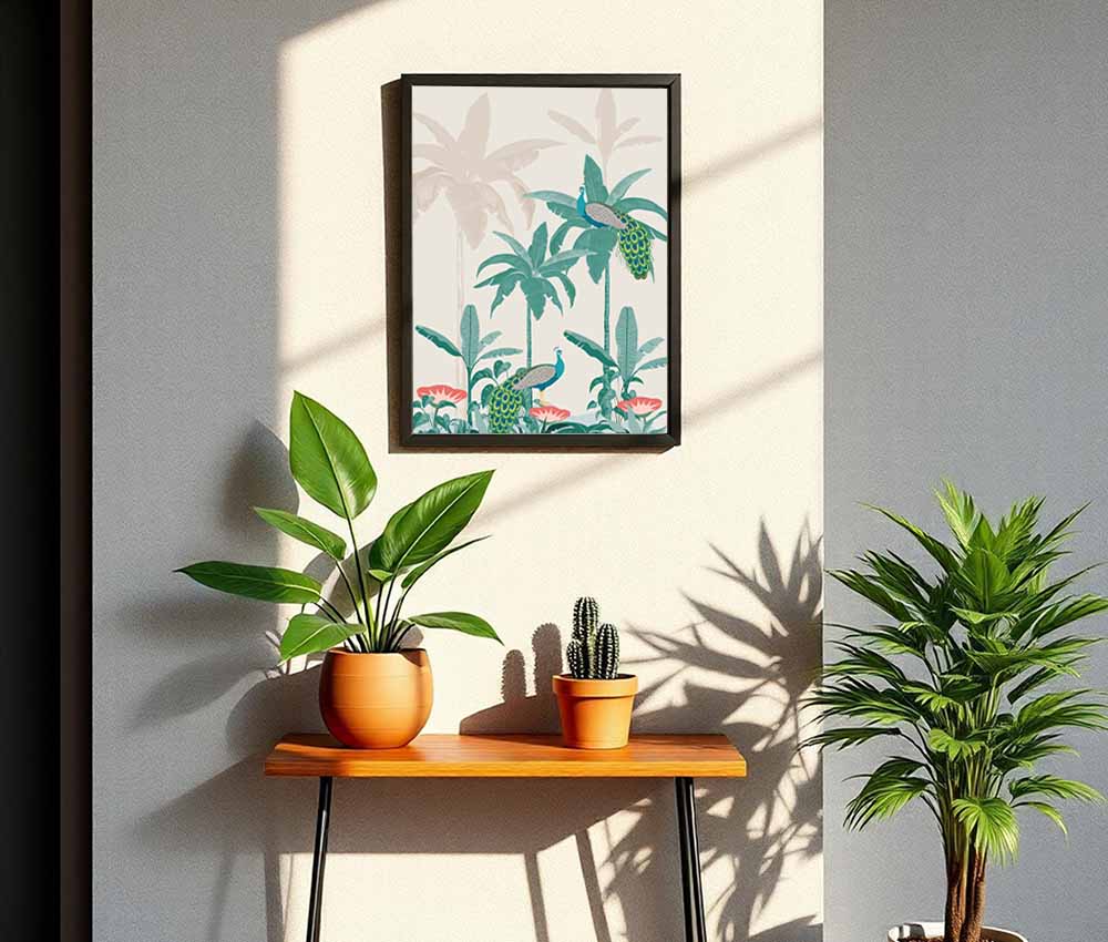 Palm Paradise Peacock Canvas Frame